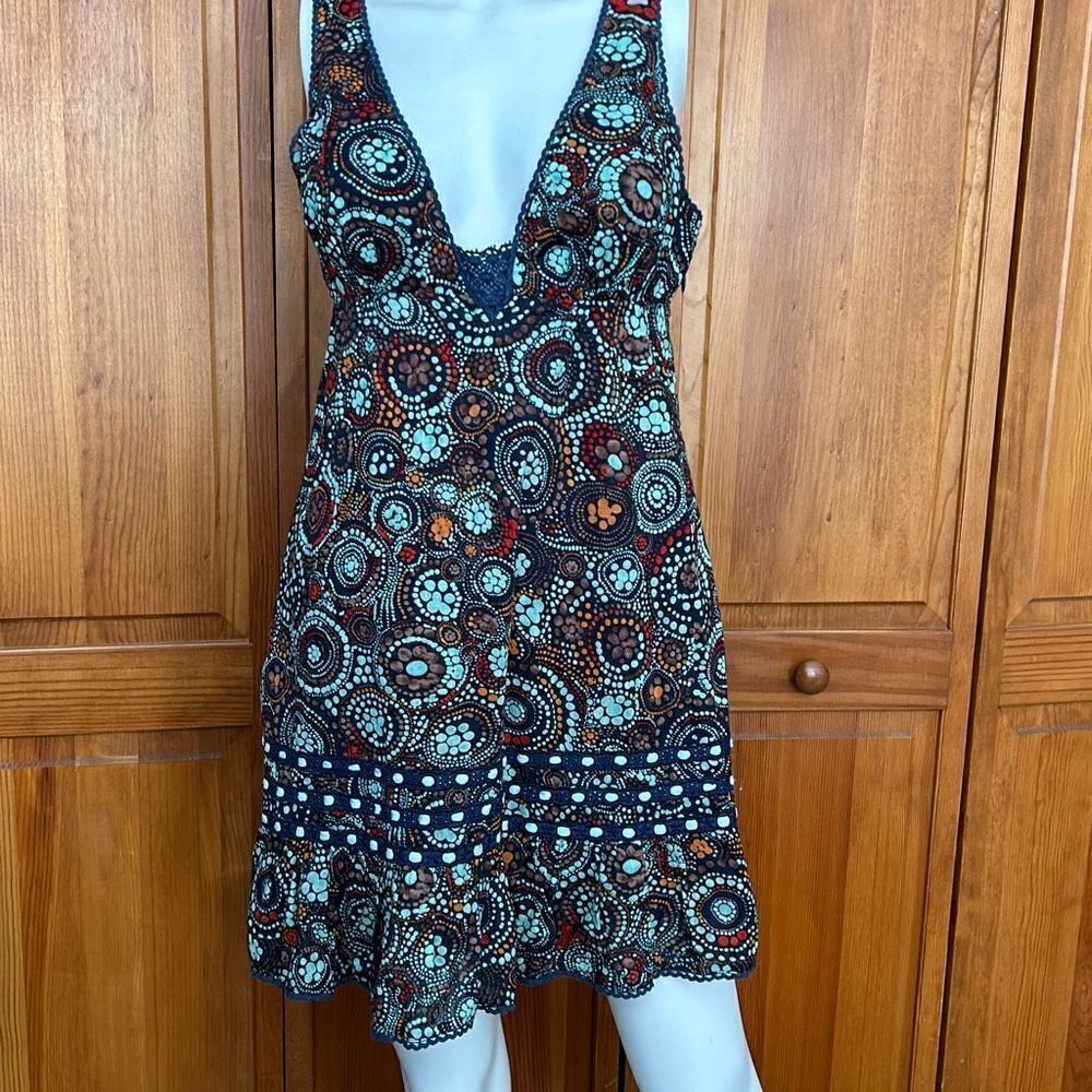 Free People Boho Lined Tank Dress Blue with circle pattern Sz 8